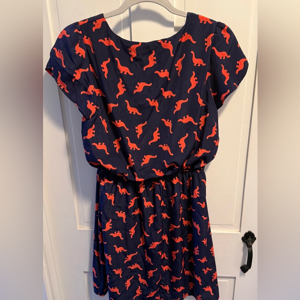 Modcloth by Peach Love Blue and Orange Dinosaur Print Dress - M - Picture 3 of 6